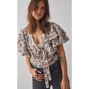 Free People Bodysuit Blouse Floral “Call Me Later “‎ Paisley Peasant Cottagecore